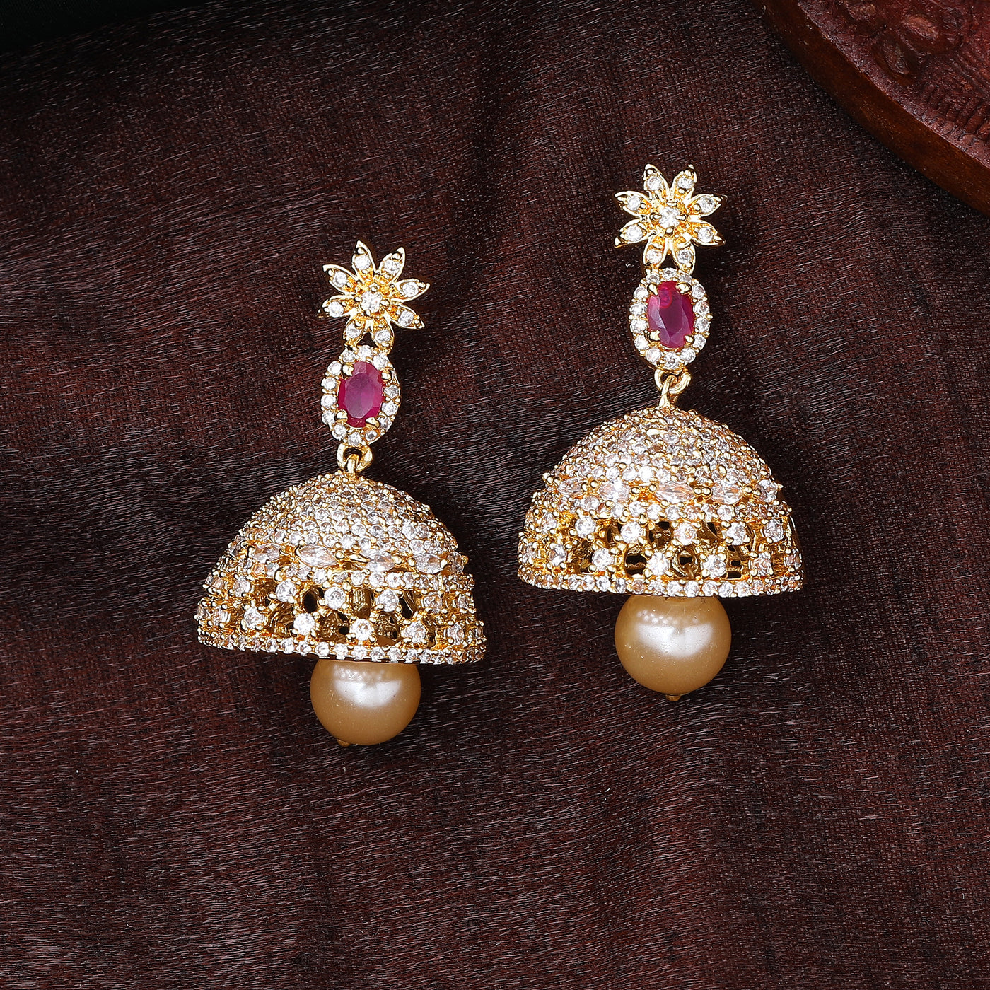 Cubic Zirconia Pearl Jhumka Earrings - Black Toned Rose Gold |  FashionCrab.com